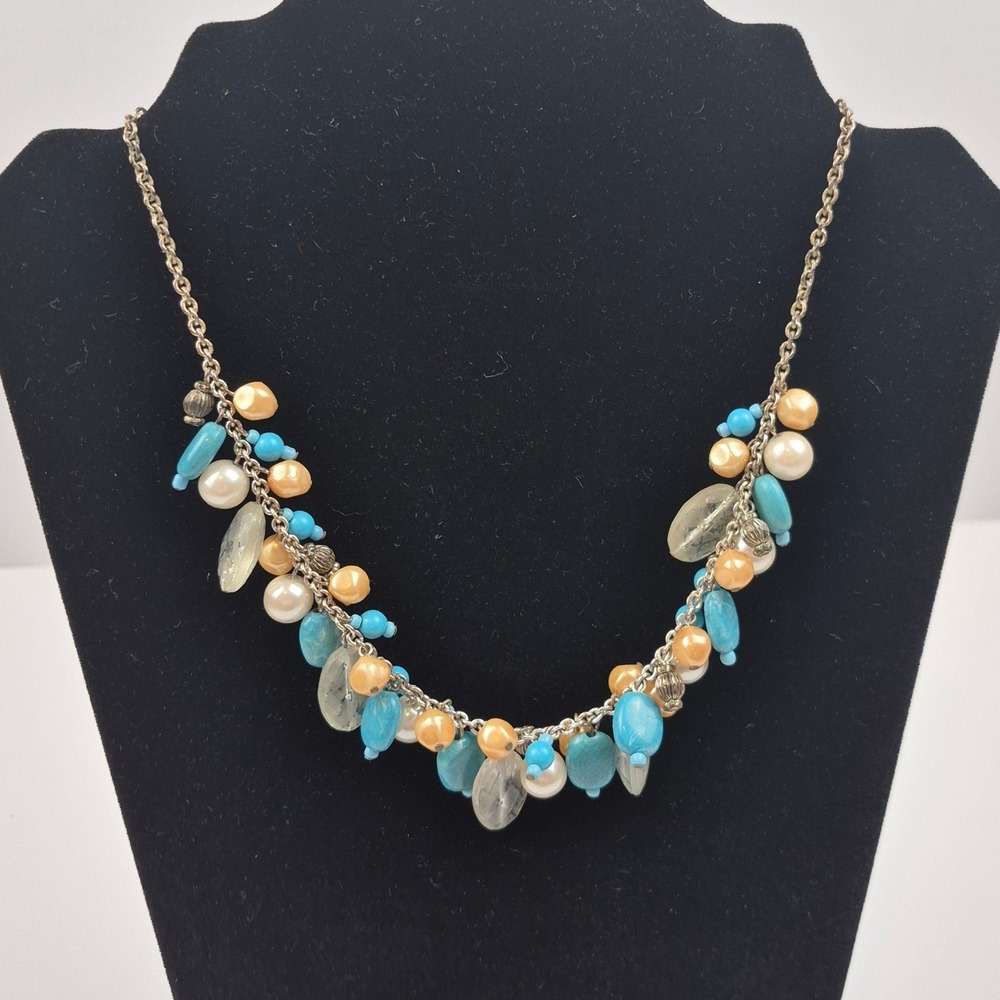 Signed DB Beaded Necklace 18" Silver Tone Faux Turquoise Pearl Coastal Statement
